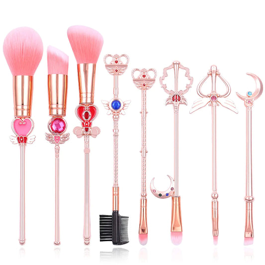 Pink Metal Magic Wand Handle Makeup Brushes Set - Professional Eye/Face/Lip Brushes Kit Perfect for Cosplay Gifts and Daily Use